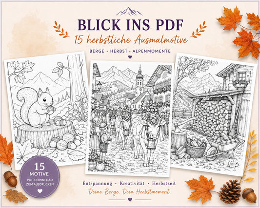 Alpenliebe Herbstzauber – 15 Ausmalbilder Herbst für Erwachsene als PDF
