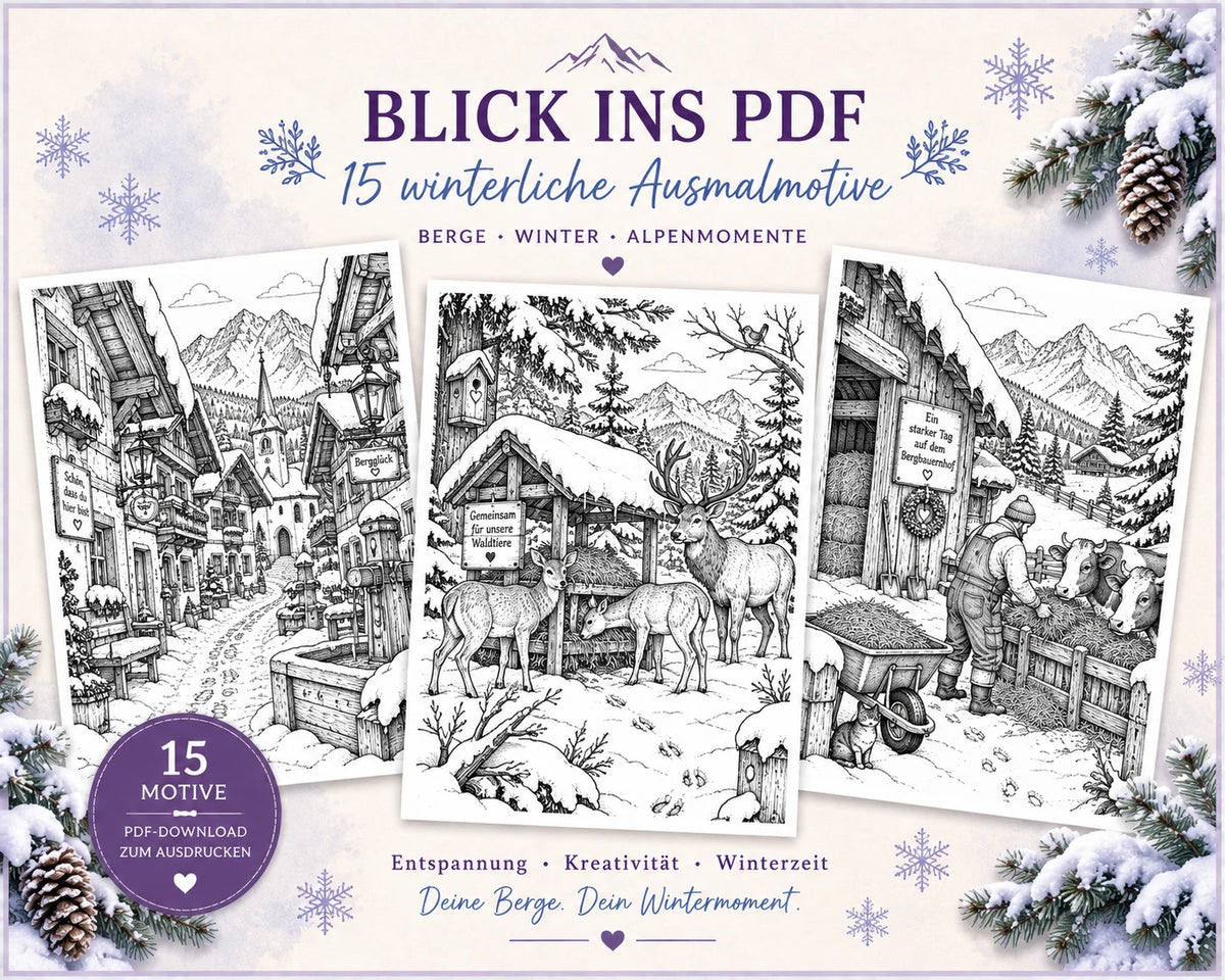 Blick ins PDF Alpenliebe Winterzauber – Ausmalbilder Winter für Erwachsene