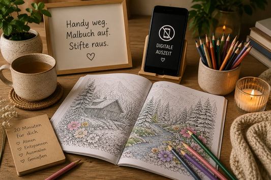 Digitale Auszeit beim Ausmalen für Erwachsene mit Malbuch und Buntstiften