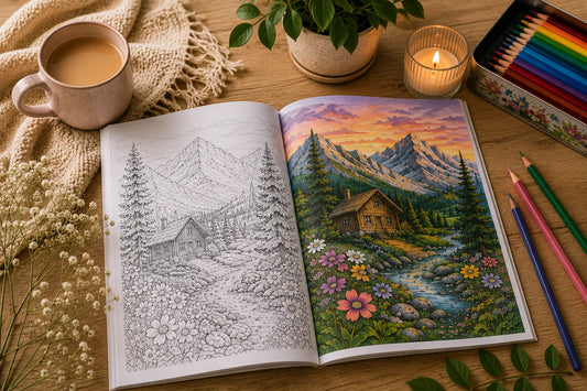Malbuch für Erwachsene mit Bergmotiv zum Ausmalen und Entspannen
