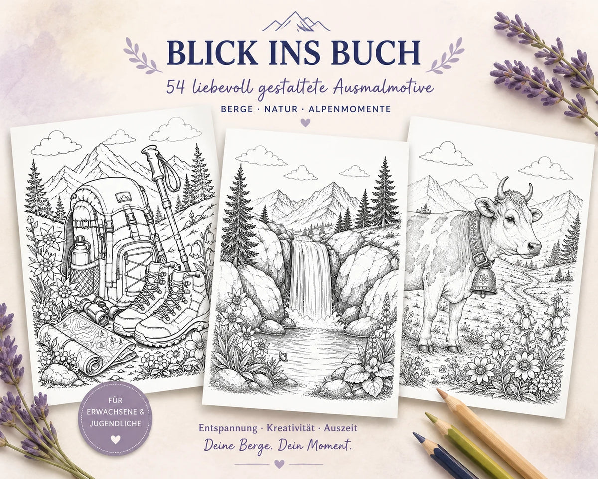 Blick ins Alpenliebe Malbuch für Erwachsene mit Berg- und Alpenmotiven