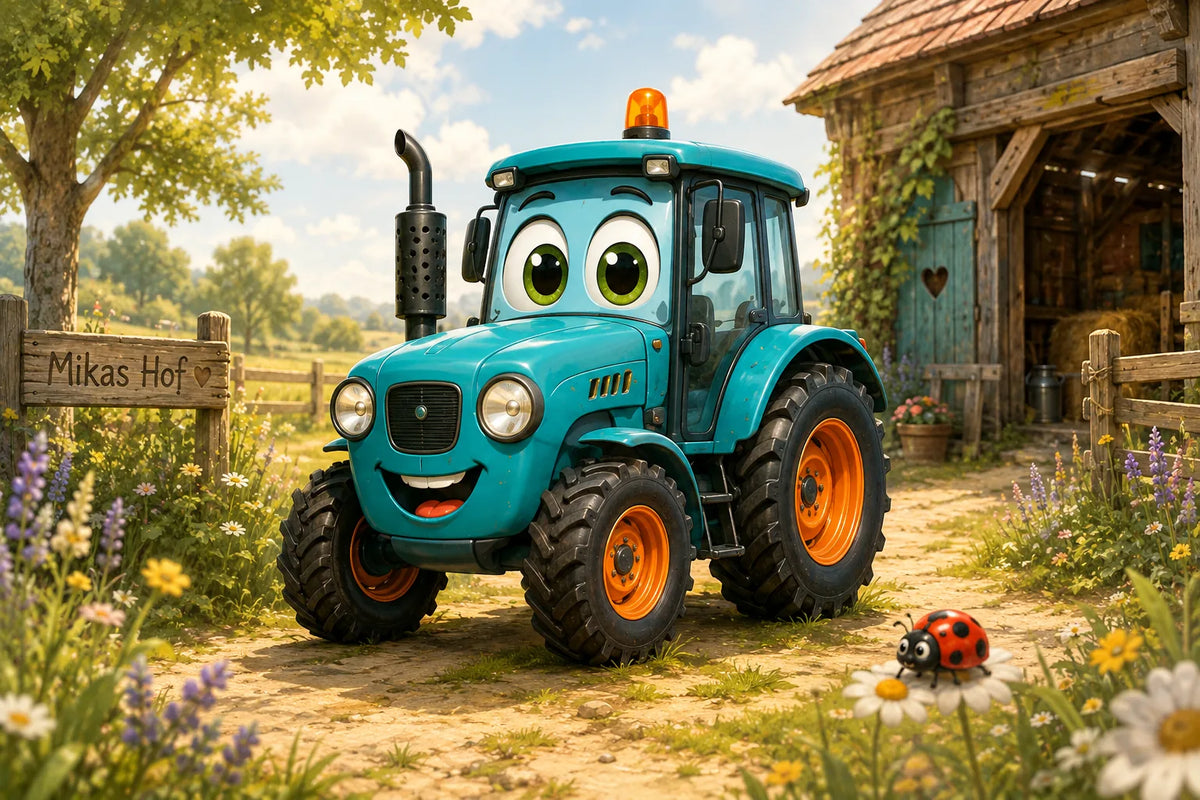 Mika, der türkisfarbene Traktor und Namensgeber von Mikas Buchwelt