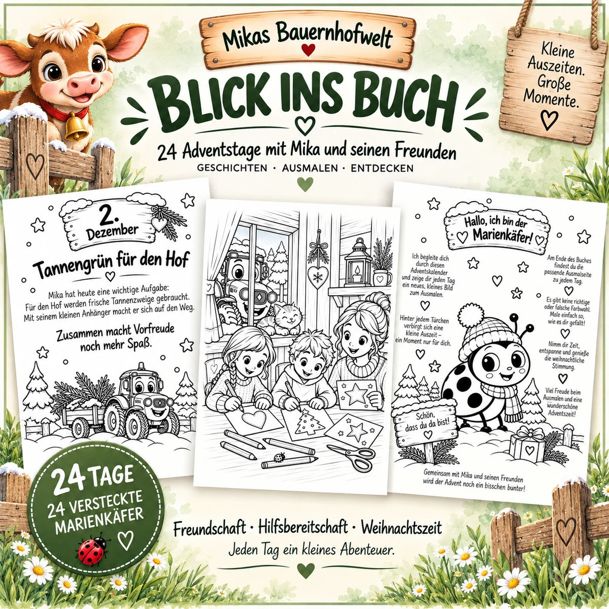 Blick ins Buch des Mikas Bauernhofwelt Adventskalenders mit drei Beispielseiten, Mika, Weihnachtsmotiven und verstecktem Marienkäfer