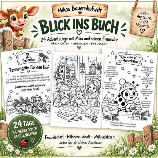 Mikas Bauernhofwelt Adventskalender zum Ausmalen mit Mika und seinen Freunden vor neutralem Bauernhof-Hintergrund