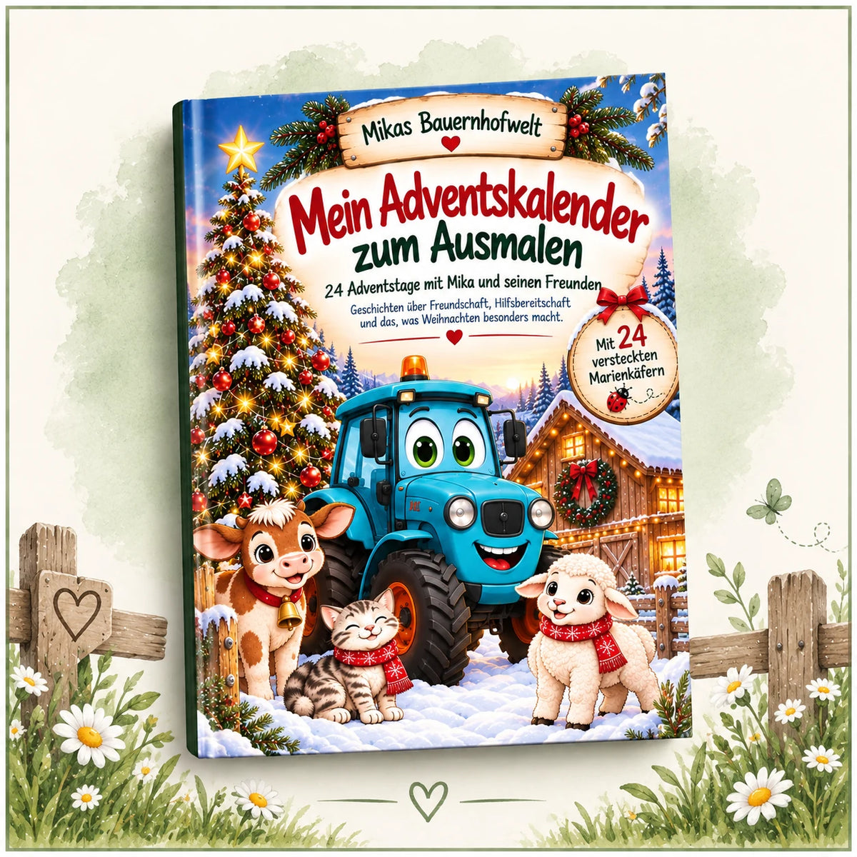 Mikas Bauernhofwelt Adventskalender zum Ausmalen mit Mika und seinen Freunden vor neutralem Bauernhof-Hintergrund